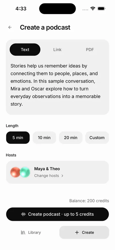 Castella Create a podcast with Text selected: a pasted paragraph, Length 5 min, Hosts Maya & Theo, Balance and the Create podcast button