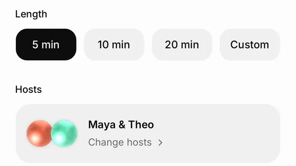 Castella Length options 5 min (selected), 10 min, 20 min and Custom, and the Hosts row “Maya & Theo · Change hosts”
