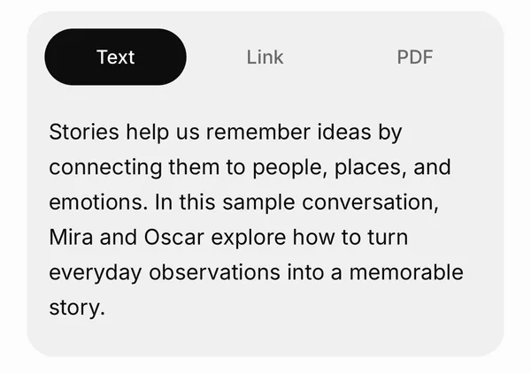 Castella Create a podcast, Text selected: a pasted paragraph about how stories help us remember ideas