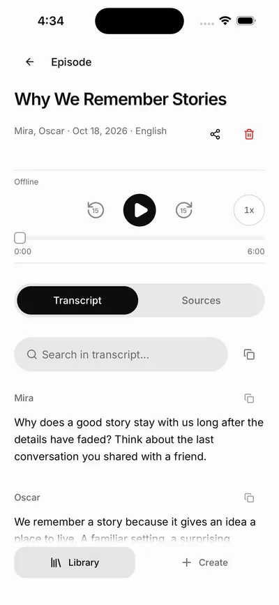Castella episode screen: “Why We Remember Stories” by Mira and Oscar, the player, and the Transcript with the hosts’ lines