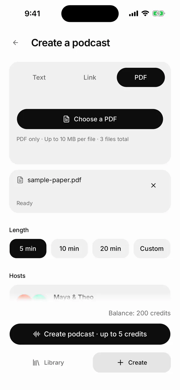 Castella Create a podcast screen in the iPhone Simulator with PDF selected, the rule PDF only · Up to 10 MB per file · 3 files total, and sample-paper.pdf added and marked Ready