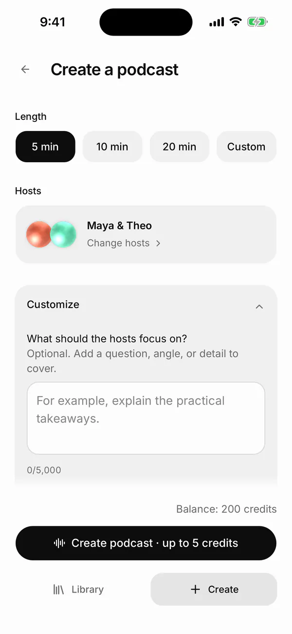 Castella create screen in the iPhone Simulator with the Length presets 5, 10 and 20 min and Custom (5 min selected), the Hosts card with Change hosts, and the top of the open Customize section asking What should the hosts focus on?