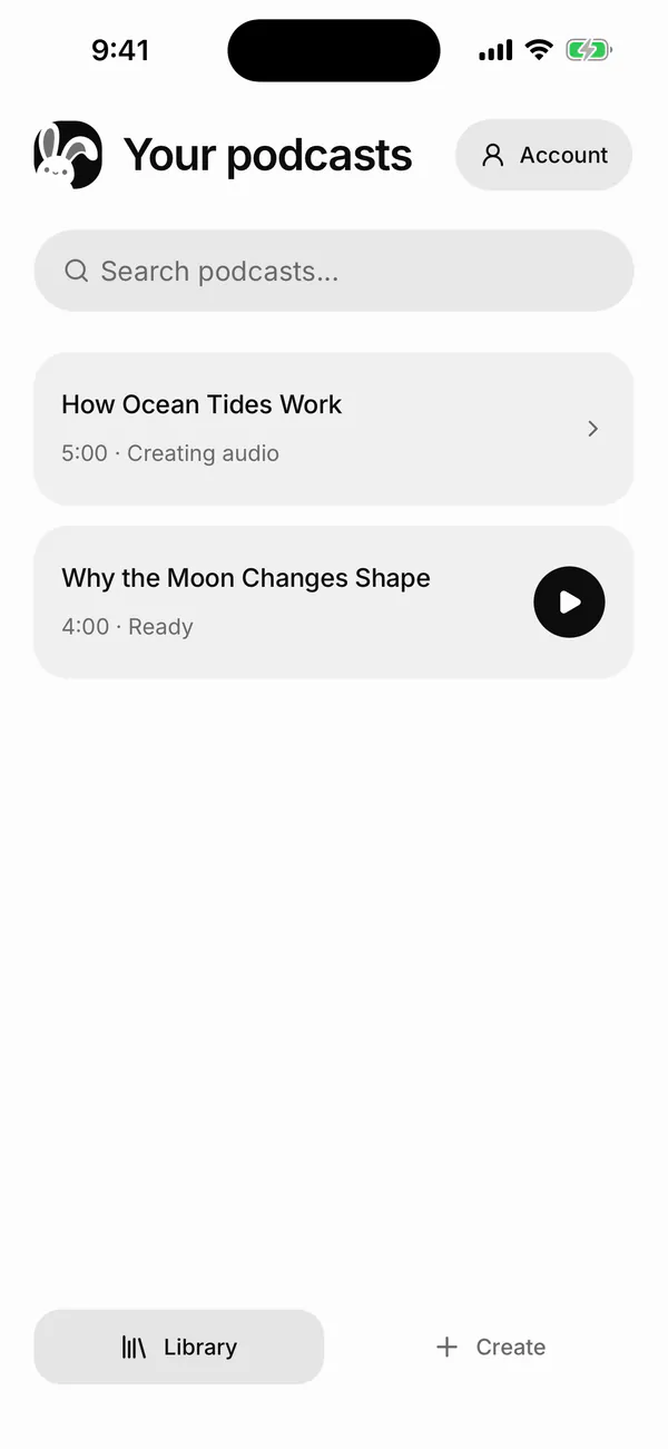 Castella Library in the iPhone Simulator with a sample episode from a PDF showing 5:00 · Creating audio, above an older sample episode marked Ready