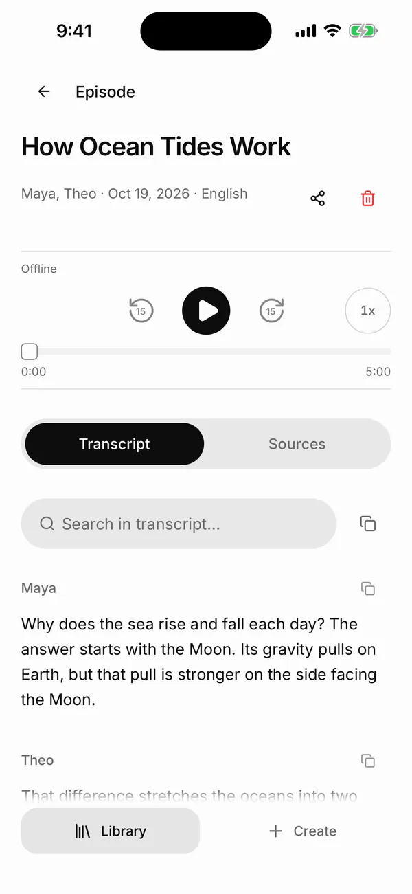 Castella episode screen in the iPhone Simulator for the sample episode How Ocean Tides Work, with the Share button, the player marked Offline because the audio was already downloaded, and the Transcript tab showing the hosts' lines
